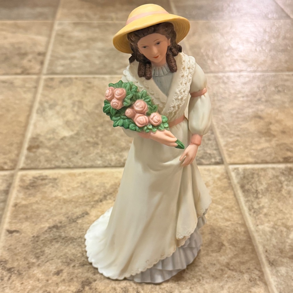 Homco 1468 Vintage Porcelain Lady Figurine White Dress Pink Roses Straw Hat 8"